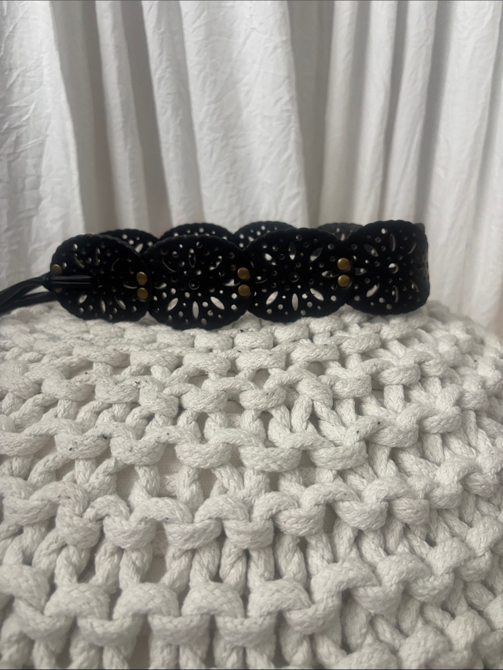 Black Floral Laser-Cut Leather Waist Belt with Stud Accents